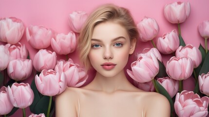 A close-up portrait of a beautiful young blonde model girl with blue eyes looking at the camera against a background of pink tulips. Spring, beauty, youth, skin care concepts.