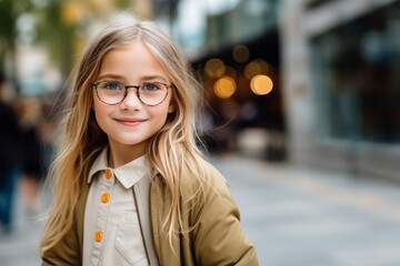 Health care, clear vision, specs, lenses pre teens concept. Close up portrait of charming blonde schoolgirl outdoors - Powered by Adobe