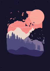 mountains sunset scenery vector illustration art, wall art, printable, designs, cards, 