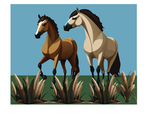 two horses, perspective view flat style colorful vector illustration.