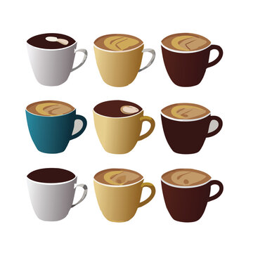 coffee cup set with different color hot drink. Black coffee, cappuccino, espresso, macchiato, mocha side view. Vector illustration