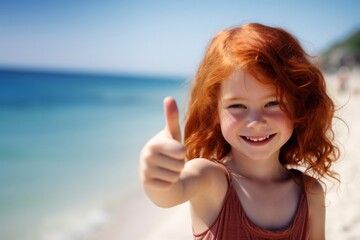 Happy red-haired child girl showing thumb up on the beach. Summer holidays concept.