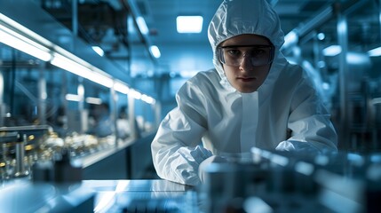 A dedicated scientist in a clean suit carefully analyzes samples in a high-tech cleanroom laboratory.