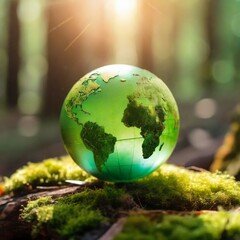 Obraz na płótnie Canvas Green Globe In Forest With Moss And Defocused Abstract Sunlight. Earth Day, Environment 