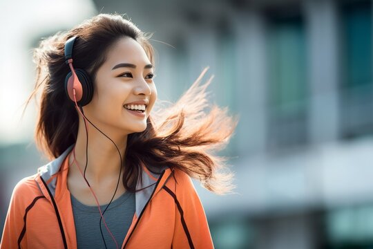 Young Asian Woman Jogging In Front Of The City.