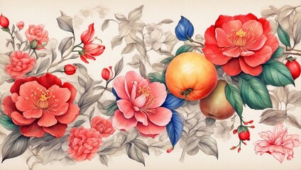 Chinese auspicious flower and fruit pattern background - obrazy, fototapety, plakaty