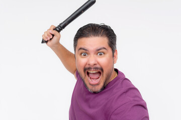 A violent man attempting to swing with a baton. Hostile person using a blunt weapon to hit someone. Isolated on a white background. © Mdv Edwards