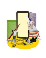 Young woman, collogues making professional plan, working on tasks. Contemporary art collage....