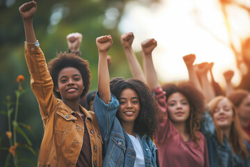 Multiracial youth raise their fists outdoors, a symbol of resistance and optimism, collective strength: A gesture of empowerment and positive aspirations at a March 8th demonstration.