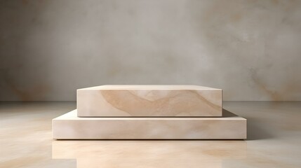 Fototapeta na wymiar Luxury Studio Background for Product Presentation. Light Marble Showroom with a square beige Podium