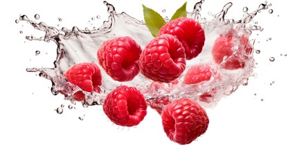 Splashes of water splashes with raspberries, on a white background.