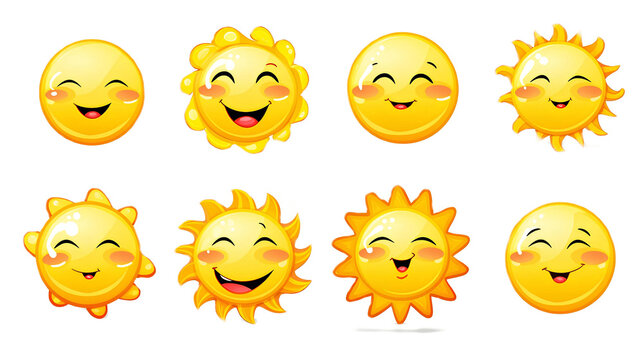 A set of illustrative images of the sun with emoticons on a white background.
