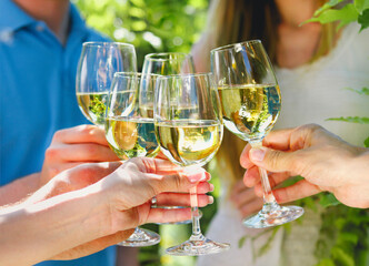 Celebration. People holding glasses of white wine making a toast.