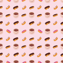 Sweet donuts and cup of coffee seamless pattern