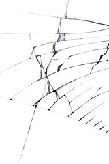 Crack lines of a broken smartphone screen, texture on a white background