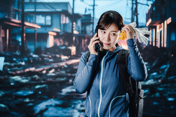 災害が発生し電話が繋がらずに困る女性