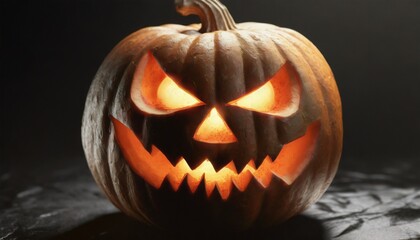 Funny Jack O Lantern halloween pumpkin with candle light inside isolated on black background.	