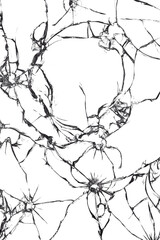 Texture of cracks and holes on the window, broken glass on a white background, destruction effect