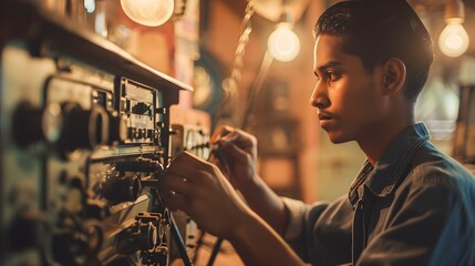 A focused young man in a denim shirt meticulously works on an electronic device in a cozy workshop. - obrazy, fototapety, plakaty