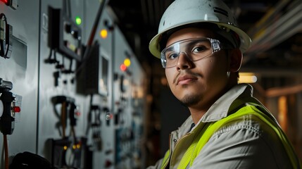 An electrician in a hard hat and reflective vest confidently operates a complex electrical panel.