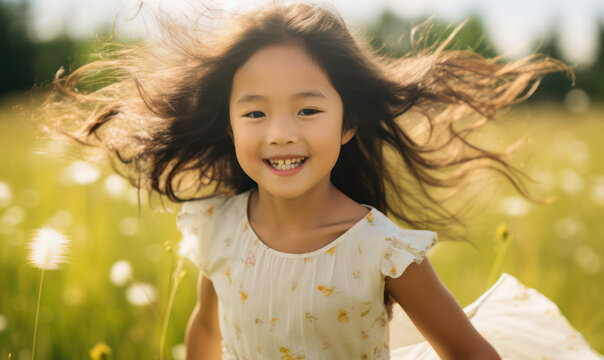 Joyful Little Girl Twirling in a Field of Wildflowers - Radiant Smiles Amidst Nature's Beauty.