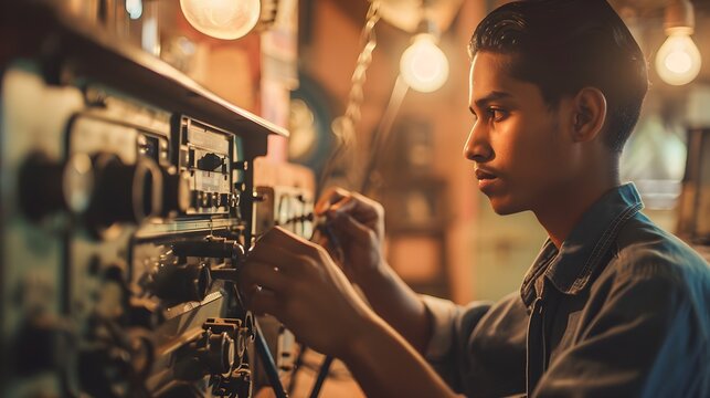 A focused young man in a denim shirt meticulously works on an electronic device in a cozy workshop.