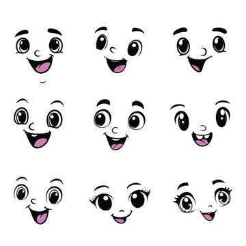 set of Cute cartoon faces, Kawaii Eyes Expressions, Kawaii faces, Cute faces, eyes and mouth