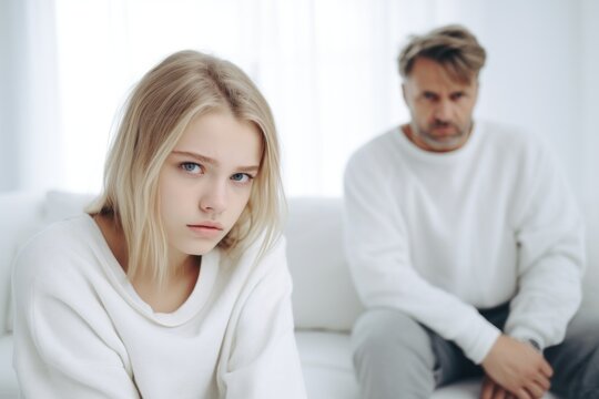 Close up upset girl in front and man behind sit at sofa avoid to talk after quarrel at home, offended teenager daughter and middle aged father argument, family conflict concept