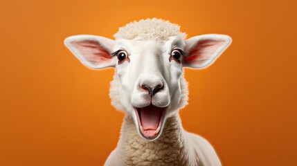 cute emotional sheep looking surprised, reacting  impressed, standing over yellow background. Generative AI - obrazy, fototapety, plakaty