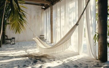 A hammock hanging in a villa with beach sand on the floor