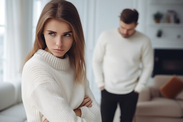 Оffended young woman and man argument, сlose up sad wife looks away and husband standing behind quarrel at home. Family conflict, crisis, psychological abuse, relationships concept