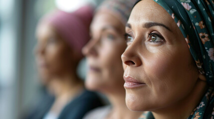 Obraz premium A woman with cancer participating in a support group, eyes showing solidarity and hope, cancer, blurred background, with copy space