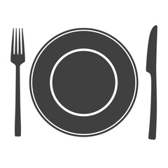 Icon of plate with fork and knife, symbol, sign isolated on white background.