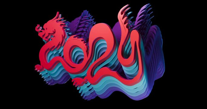 Red blue dragon in shape of 2024 on black background, Chinese New Year animation