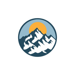 Majestic Sunrise Over Rugged Mountain Peaks Enclosed In a Circular Emblem Design