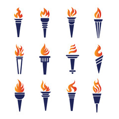 Torch vector icon set illustration design template. Symbol of victory, success or achievement. silhouettes of various medieval flaming torches.