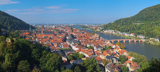 Heidelberg, Germany. High angle view over the Heidelberg Old Town with Jesuit Church, Church of the Holy Spirit and Old Bridge (Karl Theodor Bridge) across the Neckar river. - 703416381