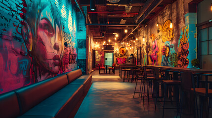 Interior of a urban city colorful bar pub club with graffiti decoration on the wall - obrazy, fototapety, plakaty