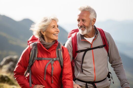 Сheerful smiling mature couple with backpacks hiking in mountain. Active elderly people, happily retired. Active traveling lifestyle and expedition backpacking concept