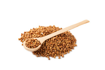 Buckwheat in wooden spoons. Buckwheat grain isolated on white background. Healthy food. Porridge. Diet. Organic cereal