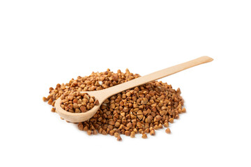 Buckwheat in wooden spoons. Buckwheat grain isolated on white background. Healthy food. Porridge. Diet. Organic cereal