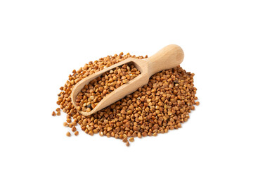 Buckwheat in wooden spoons. Buckwheat grain isolated on white background. Healthy food. Porridge....