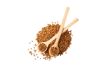 Buckwheat in wooden spoons. Buckwheat grain isolated on white background. Healthy food. Porridge. Diet. Organic cereal
