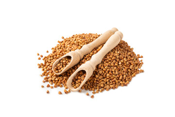 Buckwheat in wooden spoons. Buckwheat grain isolated on white background. Healthy food. Porridge. Diet. Organic cereal