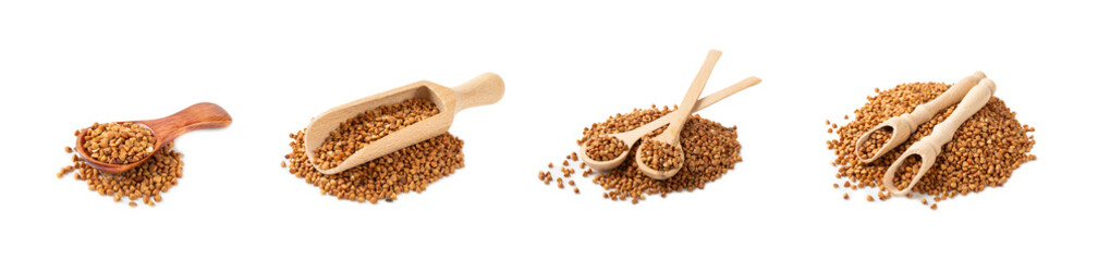 Buckwheat in wooden spoons. Buckwheat grain isolated on white background. Healthy food. Porridge. Diet. Organic cereal