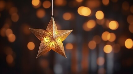Gold Star Hanging From String With Lights in Background