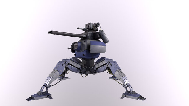 Robot Eye Walker mechanical with a cannon and two gatlings gun with radiant background, futuristic sci-fi style all 3D rendered