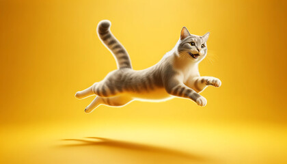 Cheerful cat jumping on a yellow background