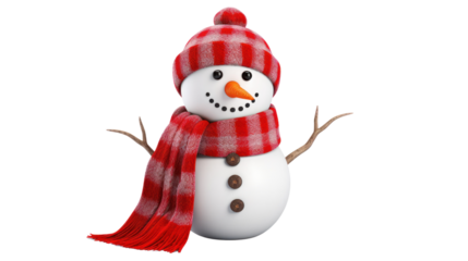 A friendly snowman with a carrot nose stands isolated on a white background