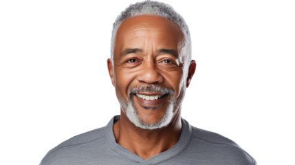 portrait of a smiling African American senior man in a casual shirt isolated on transparent and white background.PNG image.	